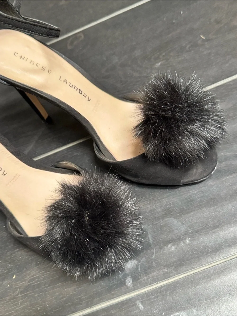 Chinese Laundry Black Ankle-Strap Heels with Pom-Pom
